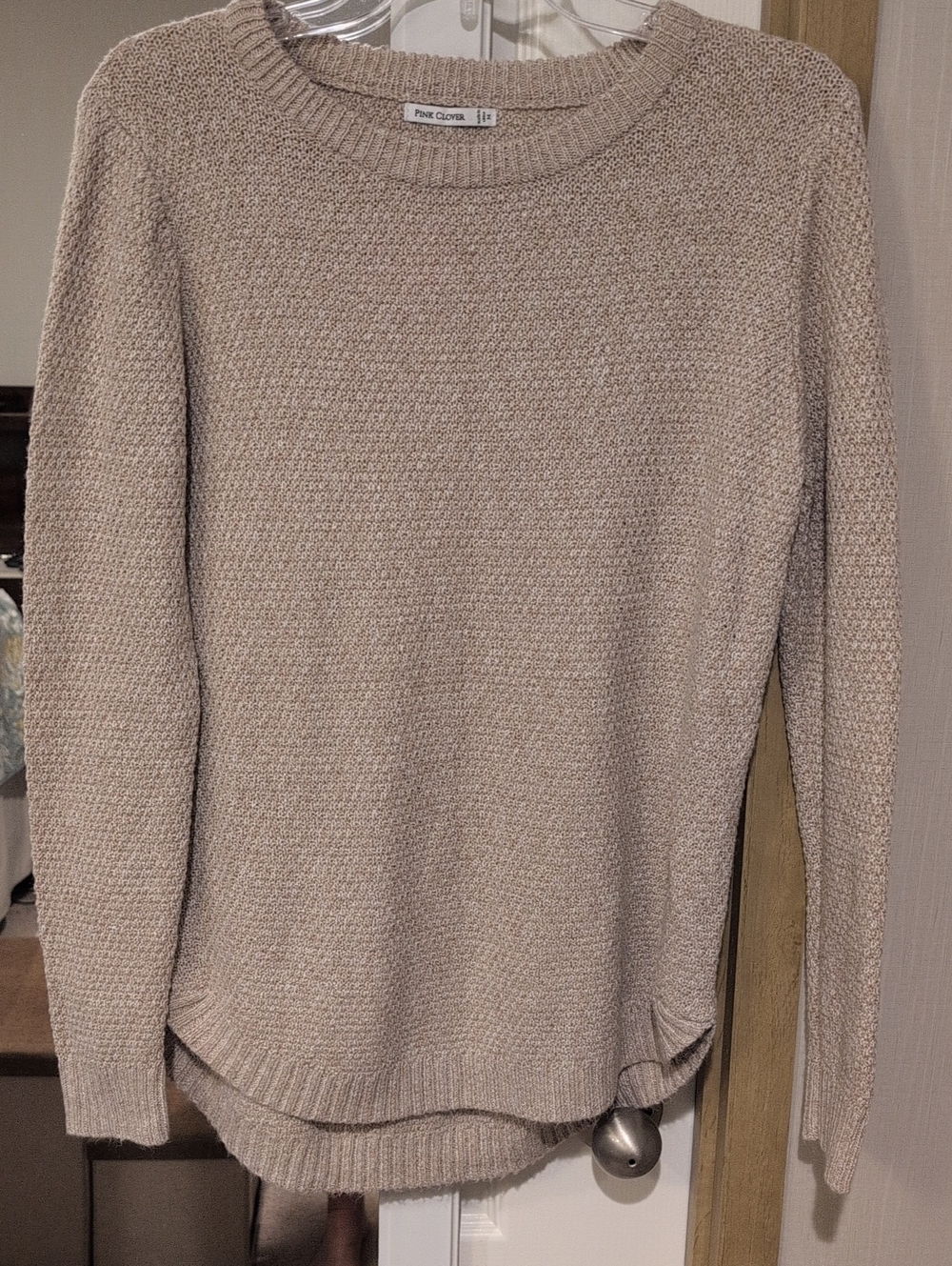 Pink Clover Beige-Cream Crewneck Textured Knit Sweater
